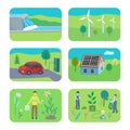 Set of eco energy vector illustrations. Colorful cartoon hand drawn graphic about alternative energy technologies Royalty Free Stock Photo