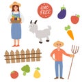 Set of eco farm. Goat, vegetables, farmers. Vector