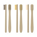 Set of eco-friendly bamboo toothbrushes isolated on white background. Natural organic bathroom beauty product.