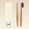 Set of eco-friendly bamboo toothbrushes and toothpaste isolated on white. Natural organic bathroom beauty product. Zero