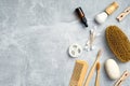 Set of eco-friendly bath accessories and personal hygiene products on stone table. Flat lay, top view. SPA treatment at home, body Royalty Free Stock Photo