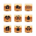 Set Eco friendly house, Canister machine oil, Battery with recycle, heart, Radioactive waste barrel, and icon. Vector Royalty Free Stock Photo