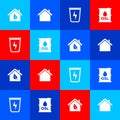 Set Eco friendly house, House, Lightning with trash can and Oil barrel icon. Vector