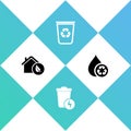 Set Eco friendly house, Lightning with trash can, Recycle bin recycle and clean aqua icon. Vector