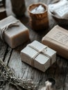 A set of eco-friendly soaps wrapped in natural packaging, presented on a rustic wooden table for a sustainable gift idea Royalty Free Stock Photo