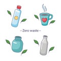 Set of eco friendly tableware items, ceramic mug, glass jars. Zero waste concept. Vector illustration in cartoon style