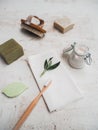 Set of eco friendly toiletries and bathroom products such as bamboo toothbrush, body brush and homemade toothpaste Royalty Free Stock Photo