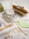 Set of eco friendly toiletries and bathroom products such as bamboo toothbrush, body brush and homemade toothpaste Royalty Free Stock Photo