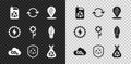 Set Eco fuel canister, Refresh, Location with leaf, CO2 emissions in cloud, Recycle symbol inside shield, Garbage bag