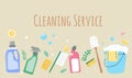 Set of eco household cleaning supplies, detergent bottles and washing tools, sponge,bucket,broom,spray liquid.