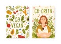 Set of eco lifestyle card template with motivational phrases vector flat illustration. Vegetarian poster decorated by