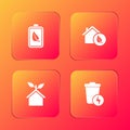 Set Eco nature leaf and battery, friendly house, and Lightning with trash can icon. Vector