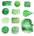 Set of Eco, organic labels. Green abstract hand drawn watercolor background. Natural, organic food or cosmetic. Bio and Royalty Free Stock Photo