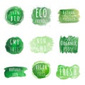 Set of Eco, organic labels. Green abstract hand drawn watercolor background. Natural, organic food or cosmetic. Bio and Royalty Free Stock Photo