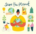 Set of eco save environment pictures. People taking care of planet collage