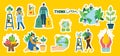 Set of eco save environment stickers pictures. People taking care of planet collage Royalty Free Stock Photo