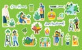 Set of eco save environment stickers pictures. People taking care of planet collage