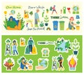 Set of eco save environment stickers pictures. People taking care of planet collage Royalty Free Stock Photo