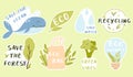 Set of eco stickers. Eco friendly stickers. Collection of stickers eco bag, eco, recycling, save the forest.