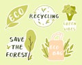 Set of eco stickers. Eco friendly stickers. Collection of stickers eco bag, eco, recycling, save the forest.