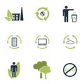 Set ecology icons with gree elements collection in flat design. Clean air, recyclable item for web design, presentations