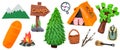 Set of ecotourism plasticine elements for camping: tent, backpack, bonfire, guitar, trees