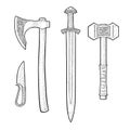 Set edged weapons viking. Knife, axe, sword, hammer. Vintage engraving