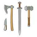Set edged weapons viking. Knife, axe, sword, hammer. Vintage engraving