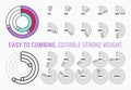 Set of editable trendy line style round infographic pie chart design elements with percentages.