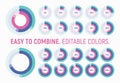 Set of editable trendy line style round infographic pie chart design elements with percentages.