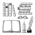 Set education. Inkwell with feather, pile books, glasses, candle. Royalty Free Stock Photo