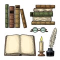 Set education. Inkwell with feather, pile books, glasses, candle. Royalty Free Stock Photo