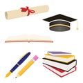 set education and literacy objects colorful like college graduation cap, diploma paper roll, pencil, ink, open book, stack of Royalty Free Stock Photo