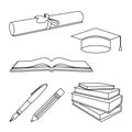 set of education and literacy objects line art like college graduation cap, diploma paper roll, pencil, ink pen, open book, stack Royalty Free Stock Photo