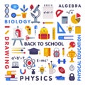 Set of Education and Science Disciplines with Related Elements, School Subjects, Back to School Concept Flat Style