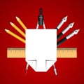 Set of educational decoration tools. Sheets of paper, pencils, pens, ruler and compass. Designed as heraldry for students and teac