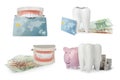 Set with educational dental models and money on white background. Expensive teeth treatment