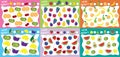 Set of educational games for kids 6 in 1. How many objects fruits counted? Vector illustration