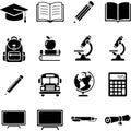 Set of educational icons including books graduation cap backpack microscope globe calculator and more Royalty Free Stock Photo