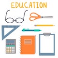 Set of educational objects in a flat style. Glasses, triangle ruler, pen, pencil, calculator, notebook