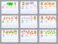 Set of the educational pages for little children. Learn to count and trace numbers. Printable worksheets oh square paper for