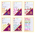 Set of educational pages on square paper for children with numbers from 6 to 10. Coloring book. Developing writing, counting, Royalty Free Stock Photo