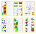 Set of educational pages on square paper for little children. Coloring book. Developing writing, drawing and tracing skills. Royalty Free Stock Photo