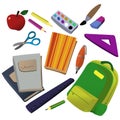 A set of educational school supplies: backpack, pencils, brushes, paints, ruler, stickers, scissors, books. Simple Royalty Free Stock Photo