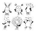 A set of egg characters in different outfits, a daisy flower head, a cap, a bunny egg with ears, lovers, happy, painted Royalty Free Stock Photo