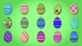 Set of eggs of different colors with different patterns
