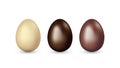 Set of eggs of white, dark, milk chocolate isolated on white background. Chocolate easter eggs. Easter gift. Holiday greeting card