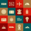 Set Egypt pyramids, Hot air balloon, Suitcase for travel, Plane, Earth globe, Airline ticket and Hiking backpack icon Royalty Free Stock Photo