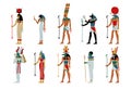 Set of Egyptian gods and goddesses. Osiris, Horus, Ra, Hathor, Ptah, Sekhmet, Maat ancient Egyptian deities vector