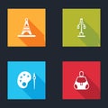 Set Eiffel tower, Street light, Paint brush with palette and Handbag icon. Vector Royalty Free Stock Photo